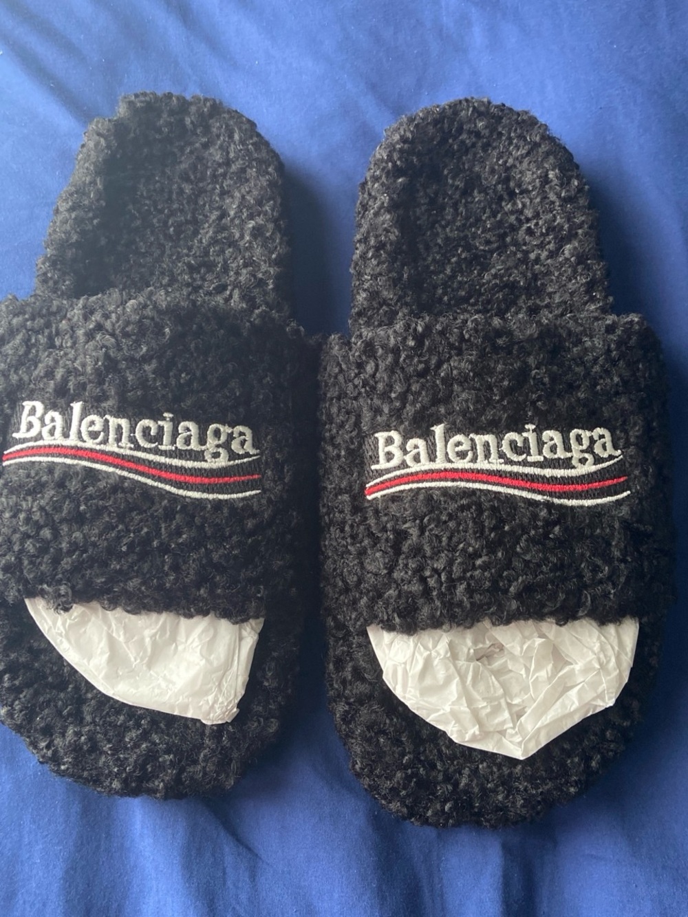 Balenciaga Black Faux Shearling Slide Slippers with Red & White Logo
